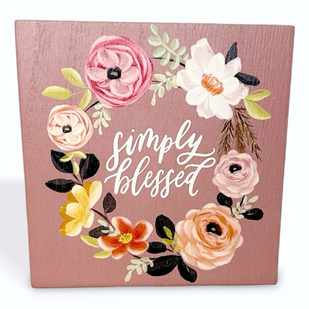 SIMPLY BLESSED Floral 6in x 6in Wooden Decor Sign